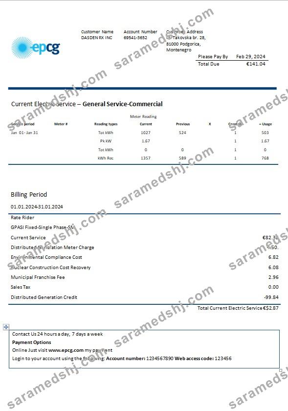 Montenegro Elektroprivreda Crne Gore (EPCG) electricity business utility bill template in Word and PDF formats